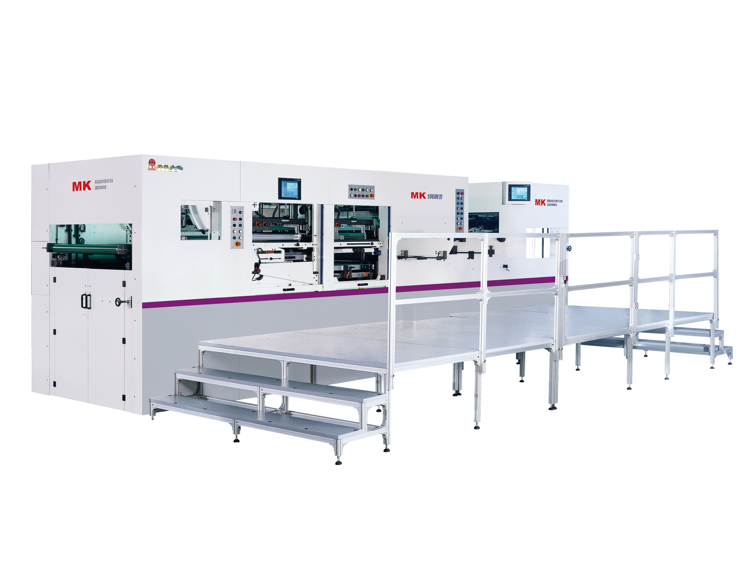 MK1060ER平壓平自動全清廢模切機
技術描述：全清廢技術
2008年，長榮推出國內第一臺全清廢模切機。實現從模切、清廢、分盒、自動出料的高自動化紙盒成型加工。為中國全清廢技術的突破起到了推進作用，也使全清廢模切機正式在國內推廣開來。